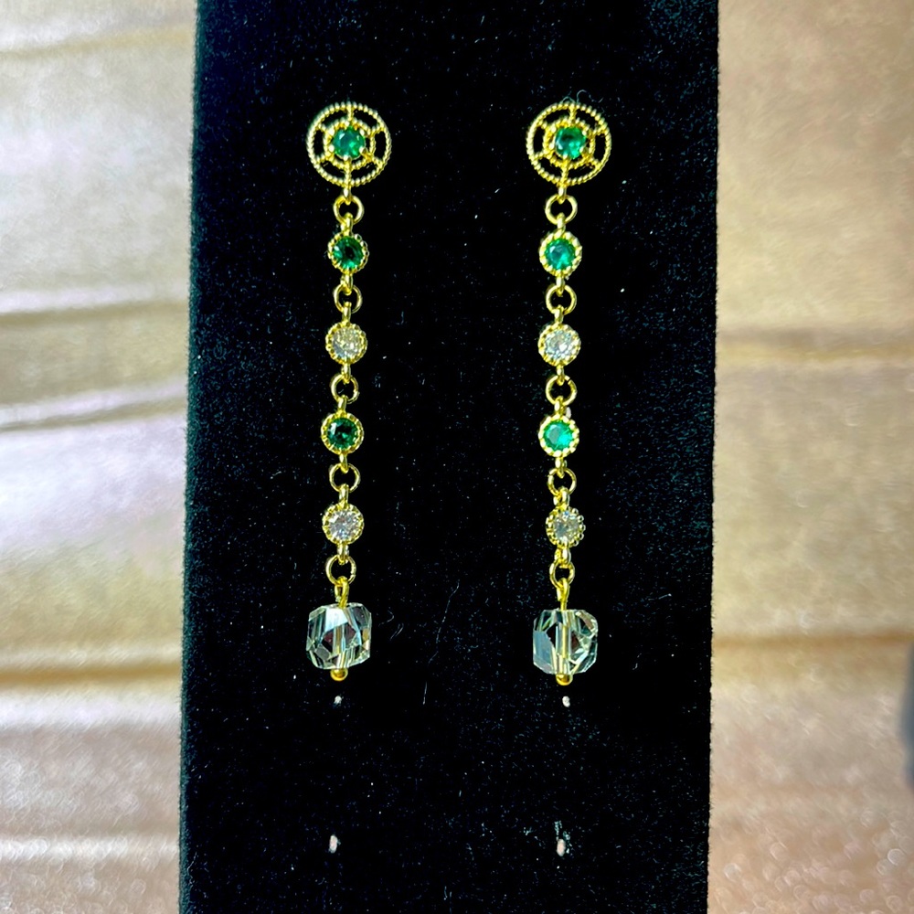 24 K Gold long Drop Emerald Zirconia Stud Earrings